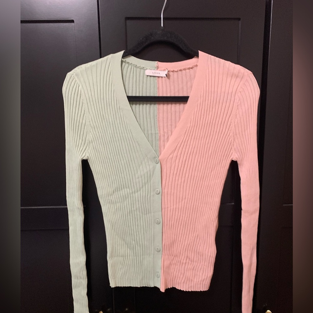 Lush pink and green cardigan, size medium, stretchy, M